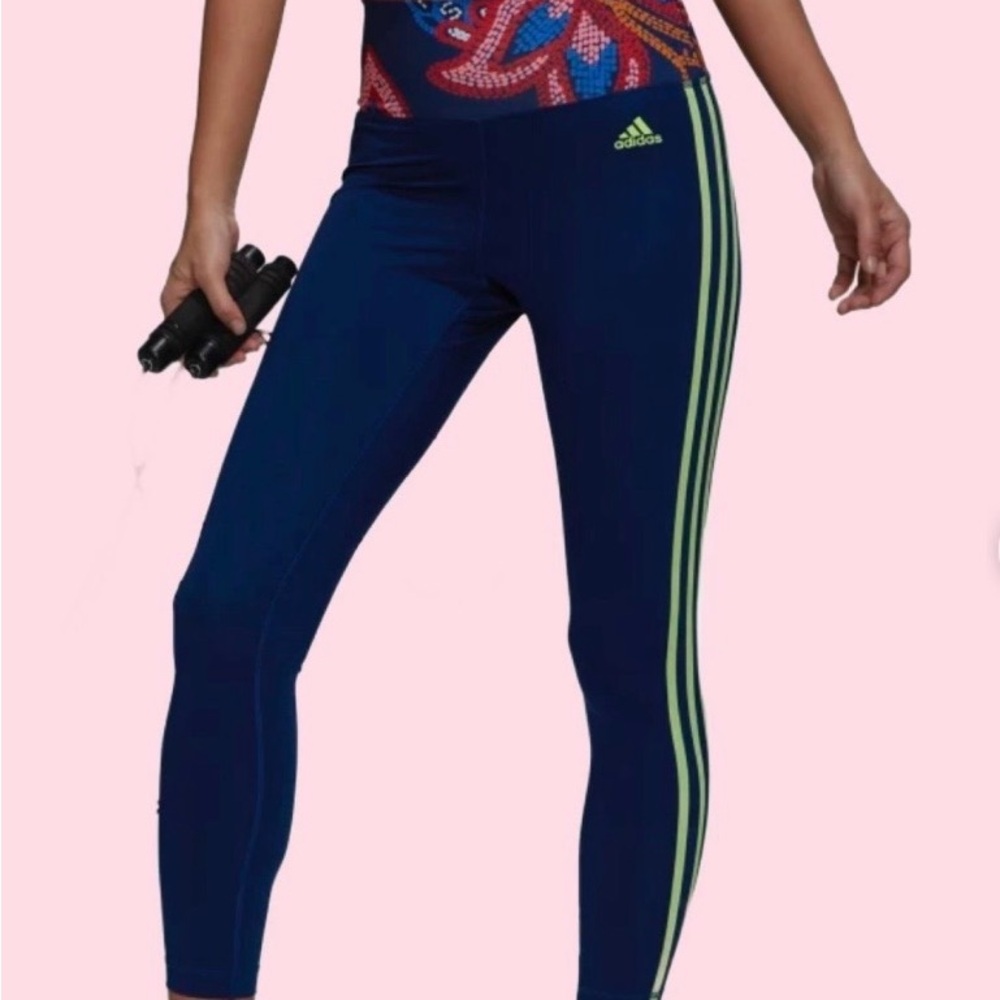 Adidas X Farm Río Navy High-Rise Leggings with Lime Side Stripes 
Size L